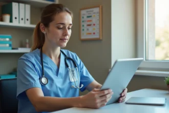 Infirmière coordinatrice IDEC utilisant un logiciel de suivi des soins NETSoins DomusVi sur tablette dans un poste de soins en EHPAD