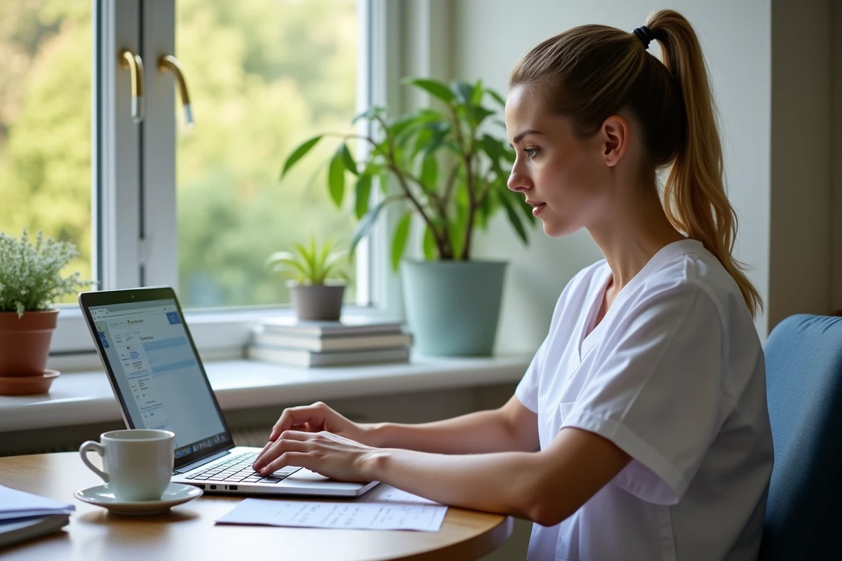 Infirmière coordinatrice IDEC saisissant des données de suivi des soins sur ordinateur portable dans un EHPAD avec le logiciel NETSoins DomusVi