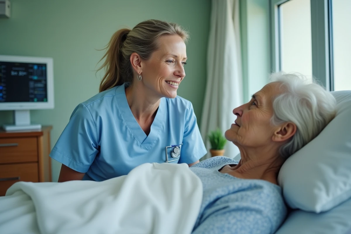 Infirmière en soins palliatifs auprès d'une patiente âgée en fin de vie dans une chambre d'EHPAD, moment d'accompagnement humain