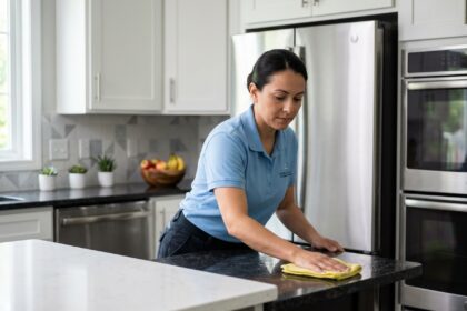 Intervenante ménagère en uniforme bleu nettoyant le plan de travail d'une cuisine moderne dans un appartement français, service à domicile Centre Services Maurepas