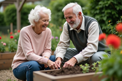 Une femme et un homme âgés jardinent avec sourire dans un jardin