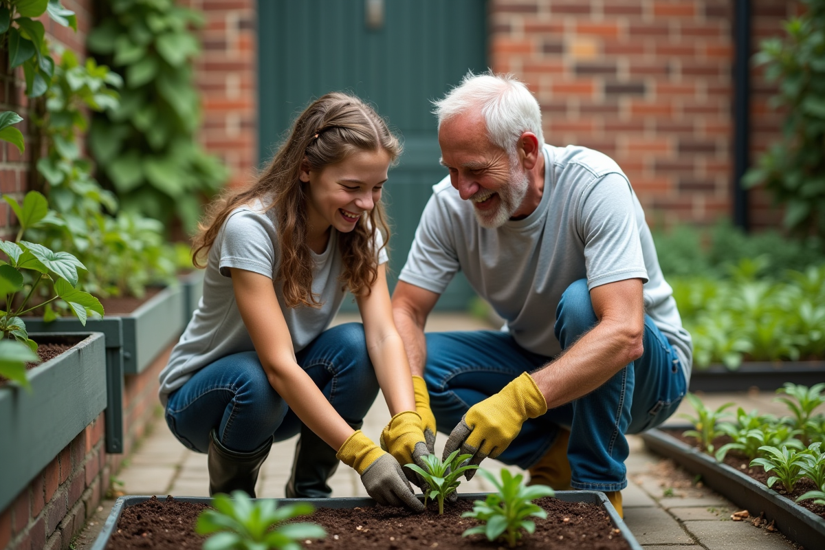 Jeune fille et homme âgé plantant des fleurs dans un jardin