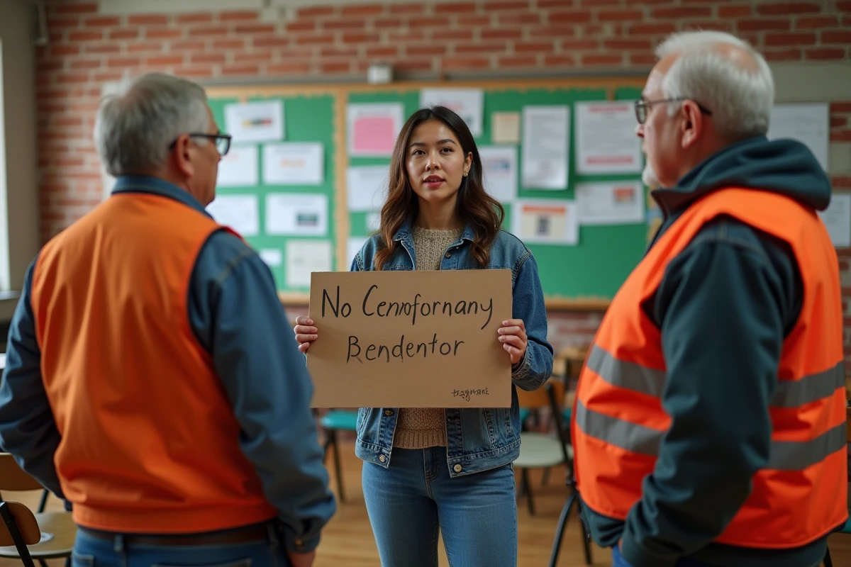 Jeune femme avec panneau de protestation en discussion