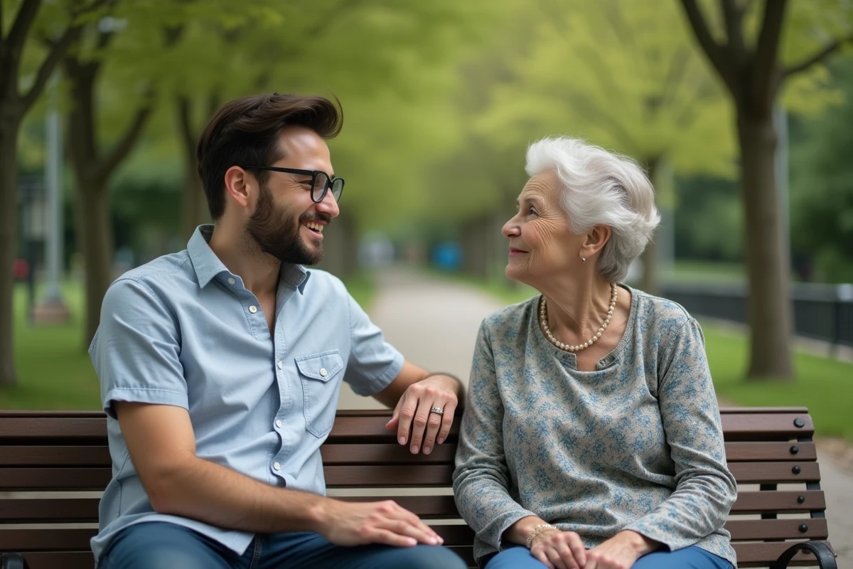 Jeune homme écoutant une femme âgée sur un banc de parc