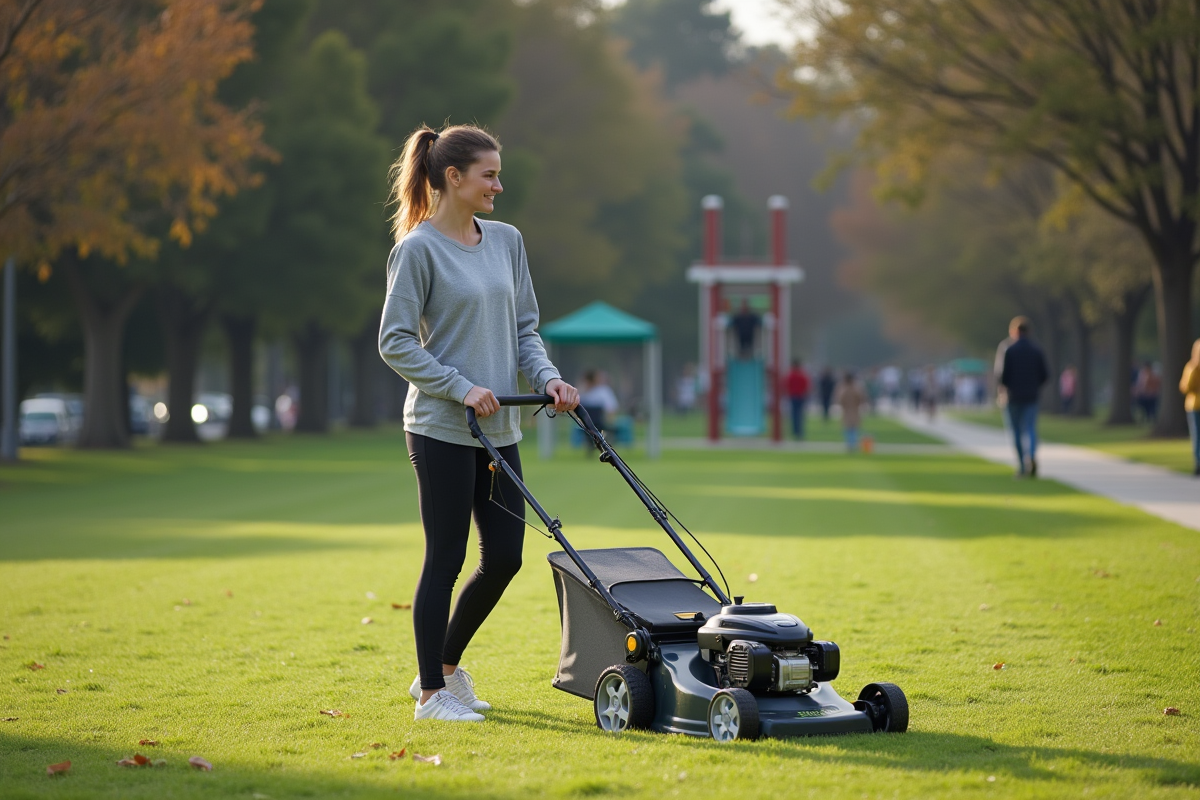 Jeune femme utilisant une tondeuse électrique dans un parc urbain