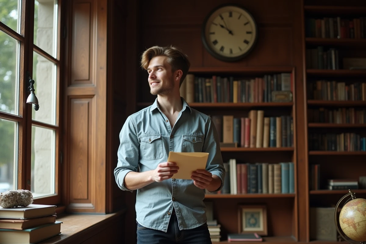 Jeune homme dans un bureau lisant une lettre