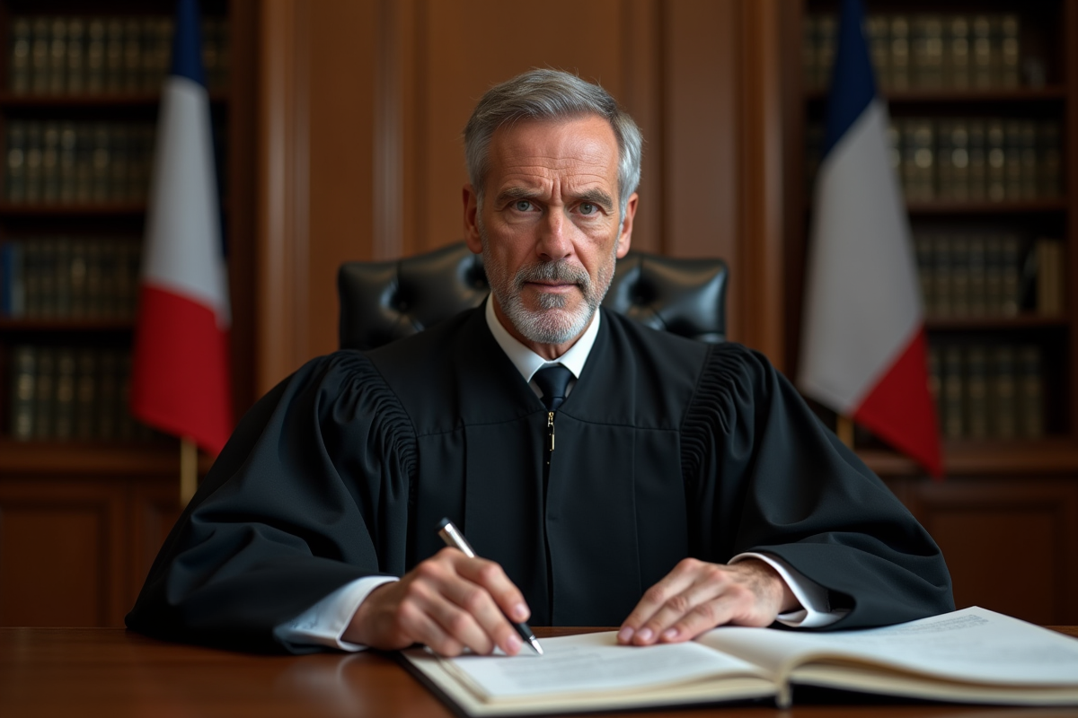 Juge en robe noire dans son bureau avec documents