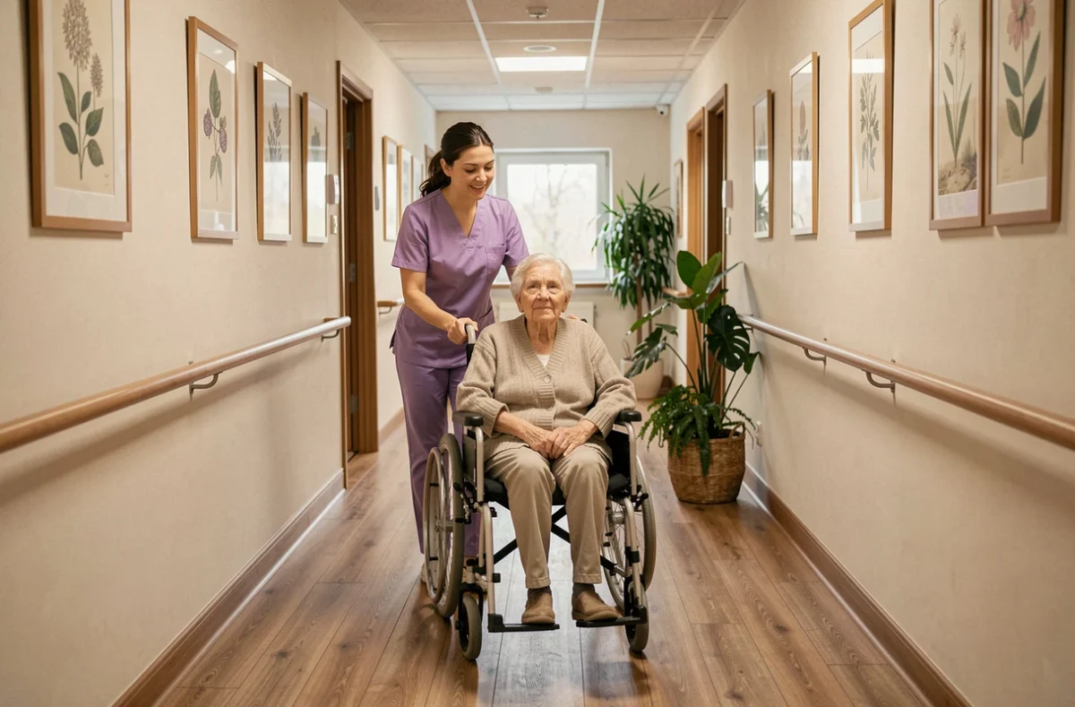 Couloir chaleureux de Korian Les Annabelles dans le Rhône avec une soignante accompagnant une résidente en fauteuil roulant