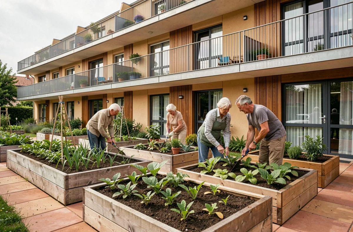 Terrasses jardins de Korian Les Terrasses de Blandan à Lyon avec des résidents pratiquant le jardinage thérapeutique