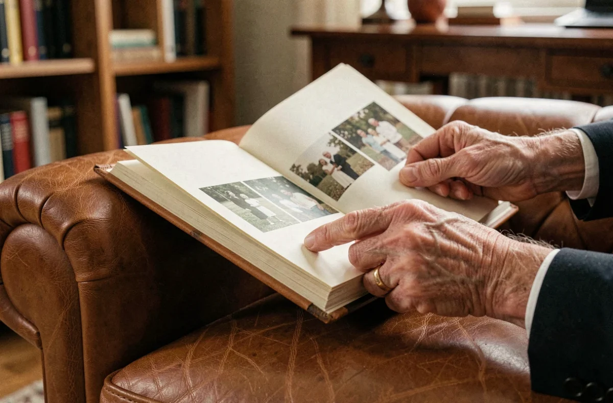 Gros plan sur les mains d'un homme de 70 ans feuilletant un livre photo personnalisé pour son anniversaire