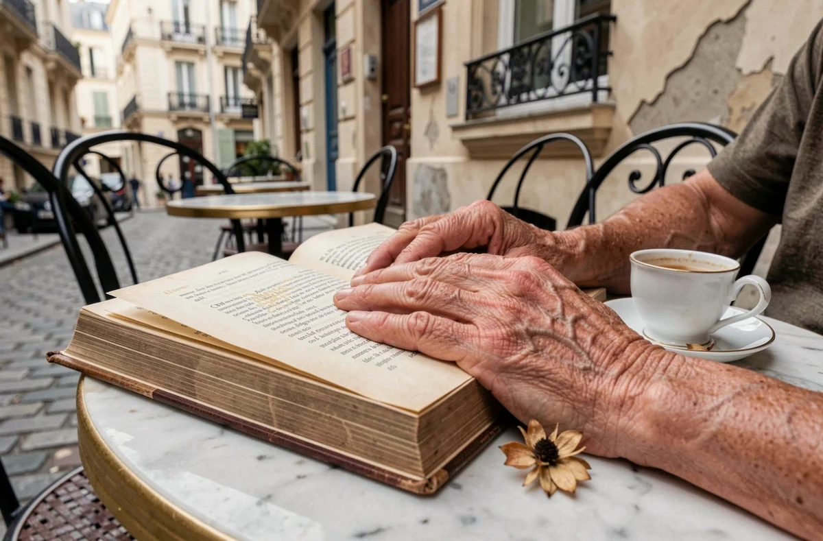 Mains d'une personne âgée retraitée feuilletant un recueil de poésie française ancienne sur une table de café parisienne