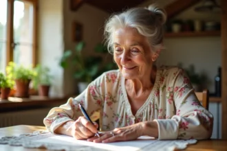 Grand-mère souriante écrivant un poème d'anniversaire à la main dans une carte de vœux à la table de sa cuisine rustique
