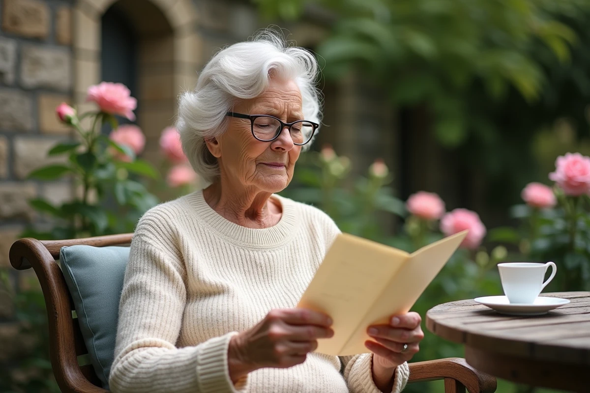 Mamie émue lisant un poème d'anniversaire personnalisé dans un jardin fleuri par un après-midi paisible