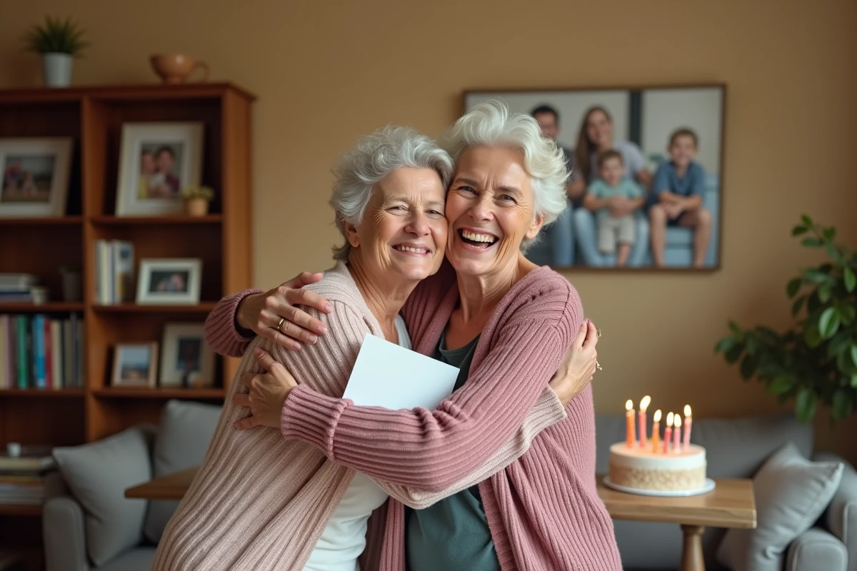 Grand-mère et petite-fille adulte s'embrassant lors d'un anniversaire dans un salon familial chaleureux