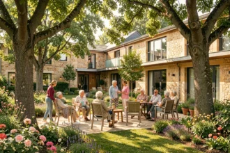Vue d'ensemble d'une maison de retraite en Gironde avec résidents et soignants dans un jardin verdoyant