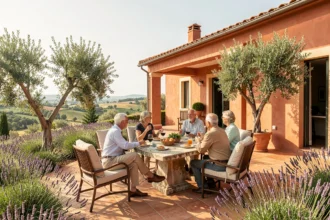 Vue panoramique d'une résidence senior ensoleillée en Occitanie avec des résidents profitant d'une terrasse méditerranéenne