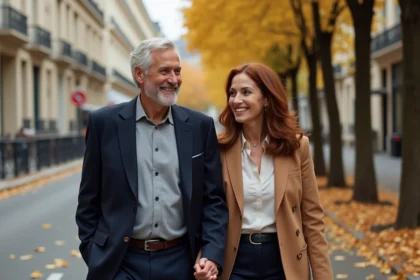 Couple élégant d'un homme aux cheveux argentés et d'une femme souriante se promenant sur un boulevard parisien en automne, symbolisant un nouveau départ à la soixantaine