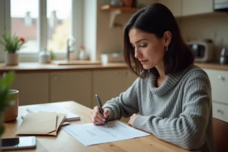 Femme mettant à jour ses informations administratives à la table de cuisine pour son dossier Carsat Normandie