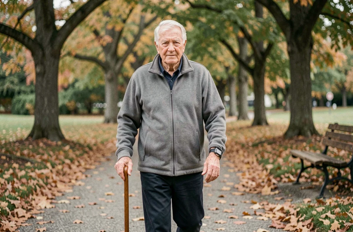 Homme âgé se promenant en parc avec une montre connectée GPS au poignet en automne
