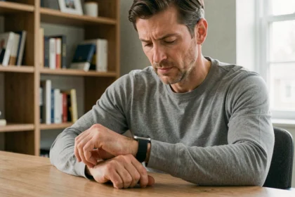 Homme examinant une montre GPS connectée comme alternative à la puce GPS implantable en 2026