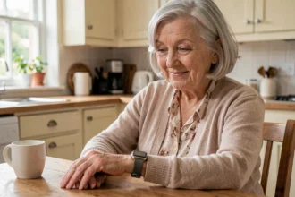 Femme âgée regardant sa montre GPS SOS au poignet dans une cuisine chaleureuse