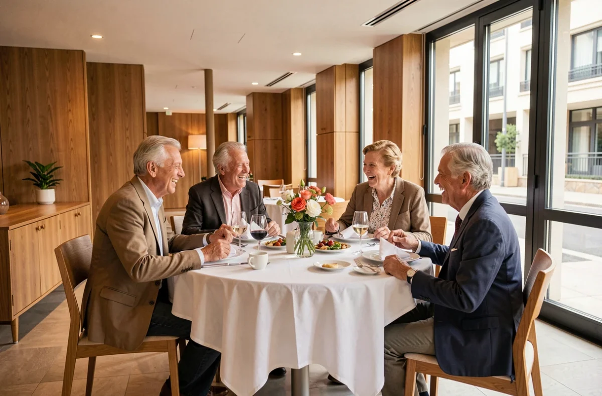 Salle à manger conviviale de la résidence Nohée Toulouse avec des résidents partageant un repas dans un cadre contemporain