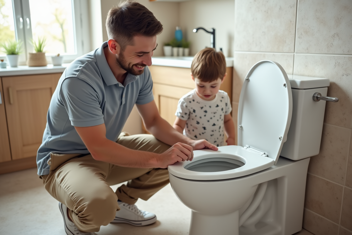 Père installe un siège de toilette avec son enfant à la maison