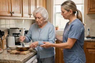Patiente atteinte d'Alzheimer assistée par une aide-soignante dans sa cuisine pour les activités de la vie quotidienne