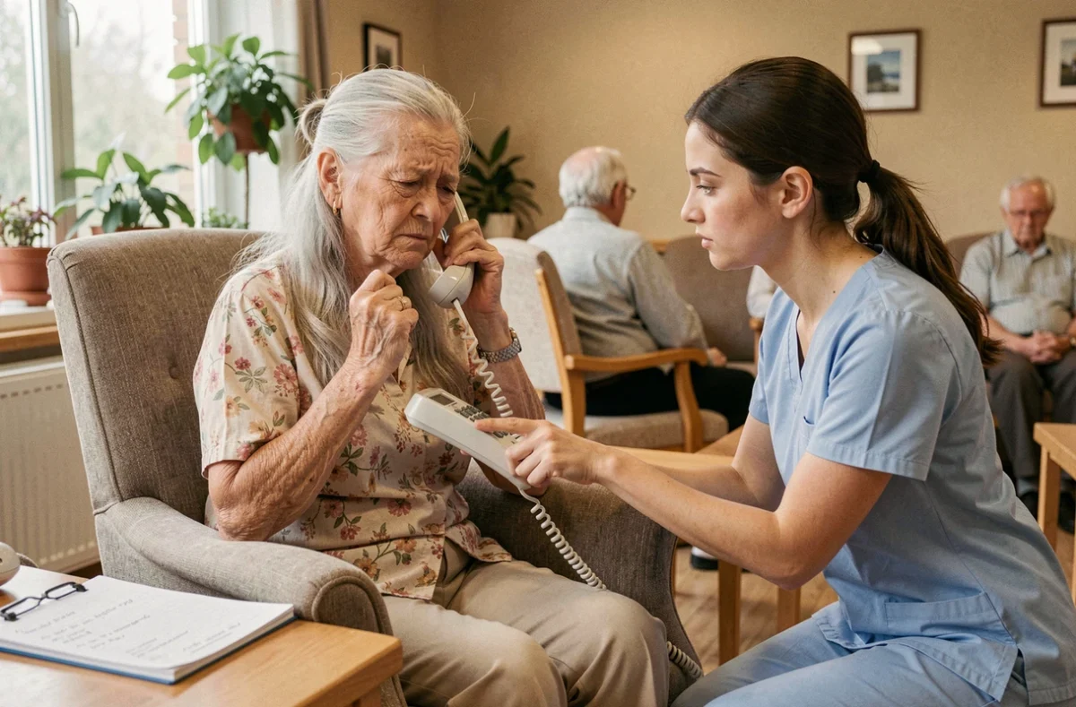 Patiente âgée atteinte d'Alzheimer en EHPAD tentant d'utiliser le téléphone avec l'aide d'une infirmière