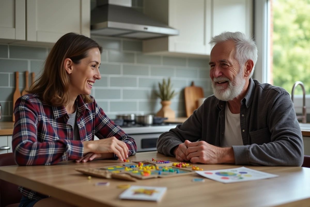 Un homme âgé et sa fille adulte découvrent ensemble un nouveau jeu de société dans une cuisine moderne
