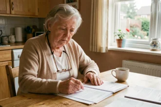 Personne âgée à faibles revenus consultant des documents administratifs pour une aide au départ en maison de retraite