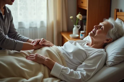 Personne âgée alitée à domicile en fin de vie, entourée d'un proche aidant dans une chambre familiale apaisante
