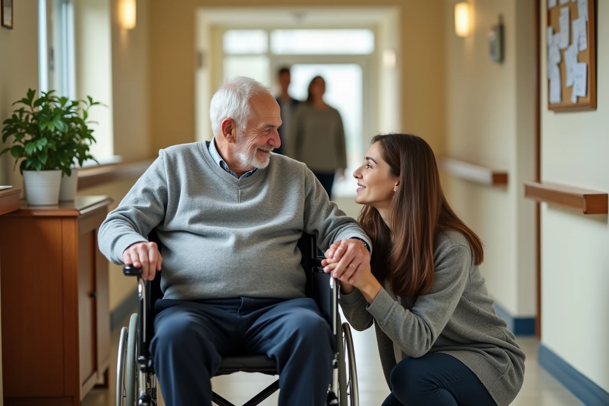 Un homme âgé en fauteuil roulant accompagné de sa fille dans le couloir d'une maison de retraite, illustrant la recherche d'une solution d'hébergement en urgence