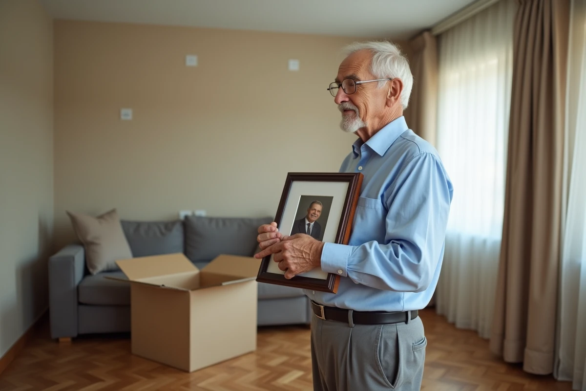 Un homme âgé tient une photo de famille lors de la préparation de son déménagement vers un établissement Ehpad