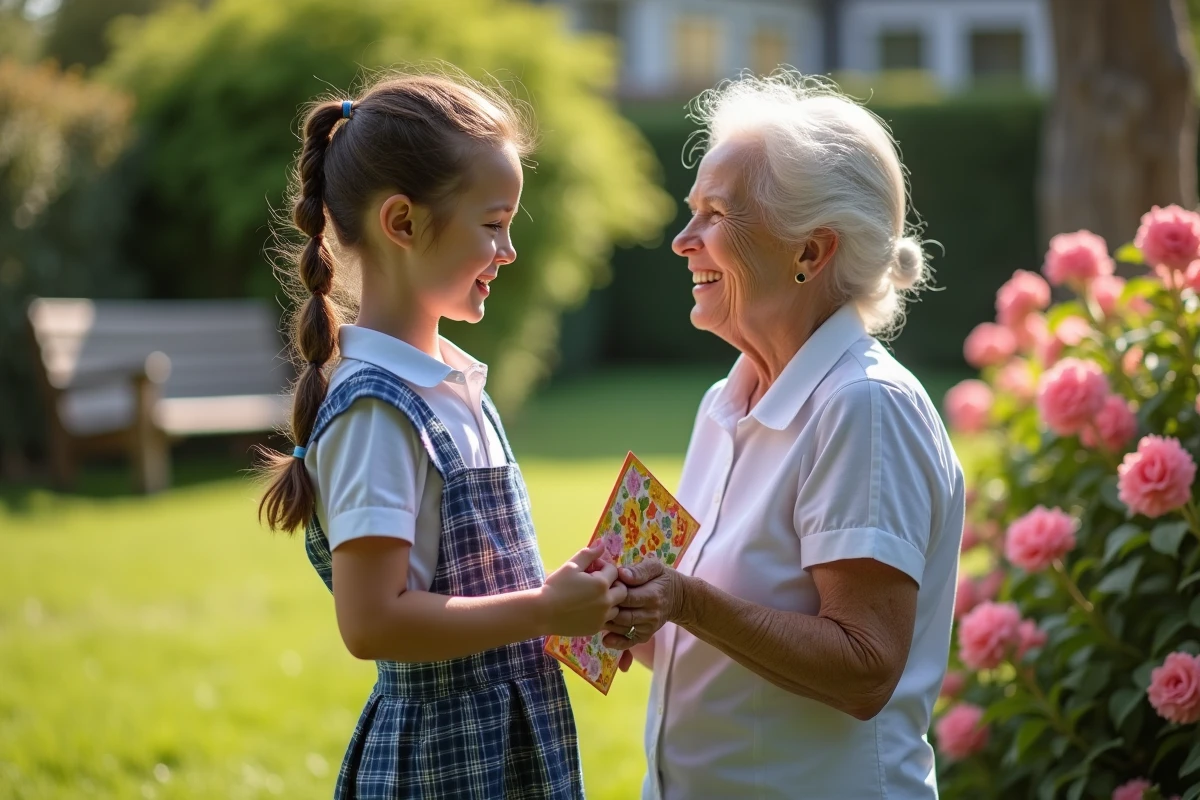 Petite fille offrant une carte à sa grand-mère dans le jardin