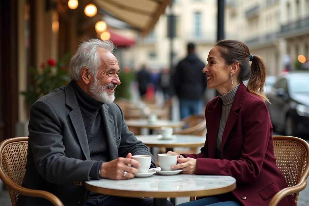 Homme distingué aux cheveux gris et sa compagne dégustant un café en terrasse parisienne, portrait intime illustrant une nouvelle page de vie après 70 ans