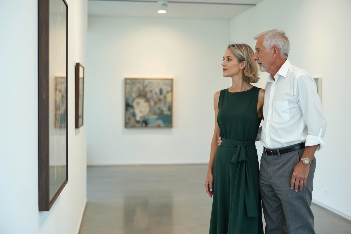Couple élégant d'un homme âgé aux cheveux argentés et d'une femme en robe verte visitant une galerie d'art contemporaine à Paris, image symbolisant culture et renouveau à 70 ans