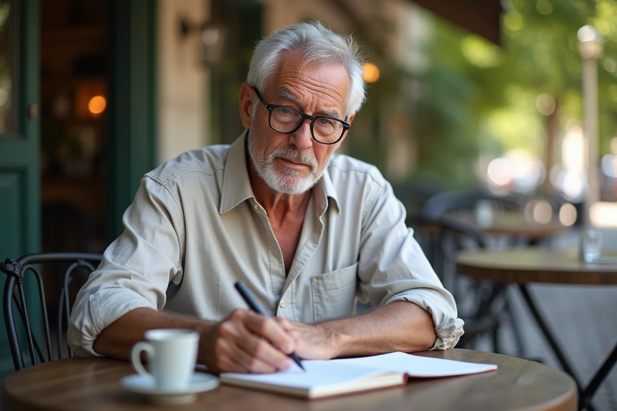 Homme âgé préparant un discours de retraite amusant assis en terrasse avec café et notes manuscrites