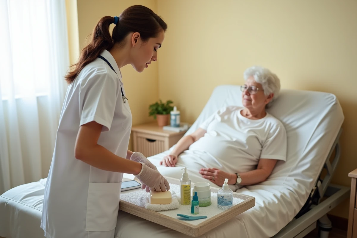Aide à domicile préparant le matériel d'hygiène sur un plateau pour une personne âgée alitée à domicile