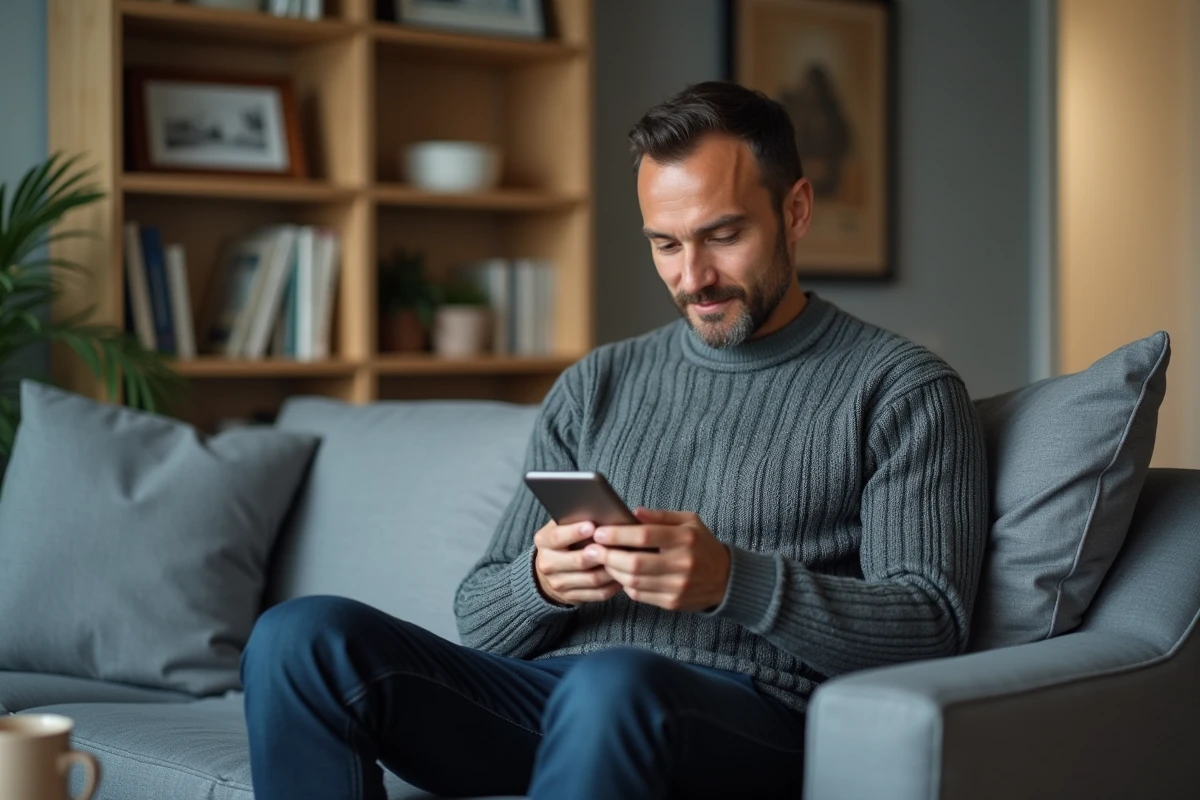 Un proche aidant consulte l'application Logifil sur son smartphone depuis le salon familial pour suivre l'accompagnement à domicile