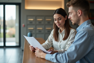 Femme d'affaires et jeune homme à la réception immobilière