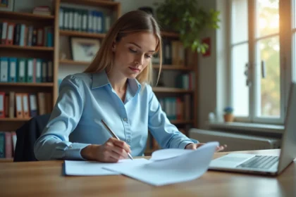 Femme rédigeant une lettre de motivation pour un poste en maison de retraite, assise à un bureau avec des documents imprimés
