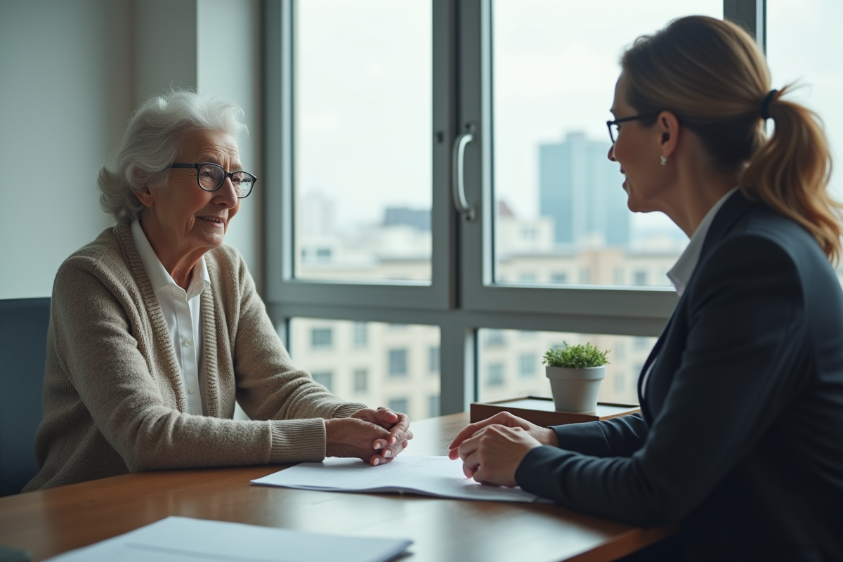 Femme âgée parlant avec un notaire dans un bureau moderne