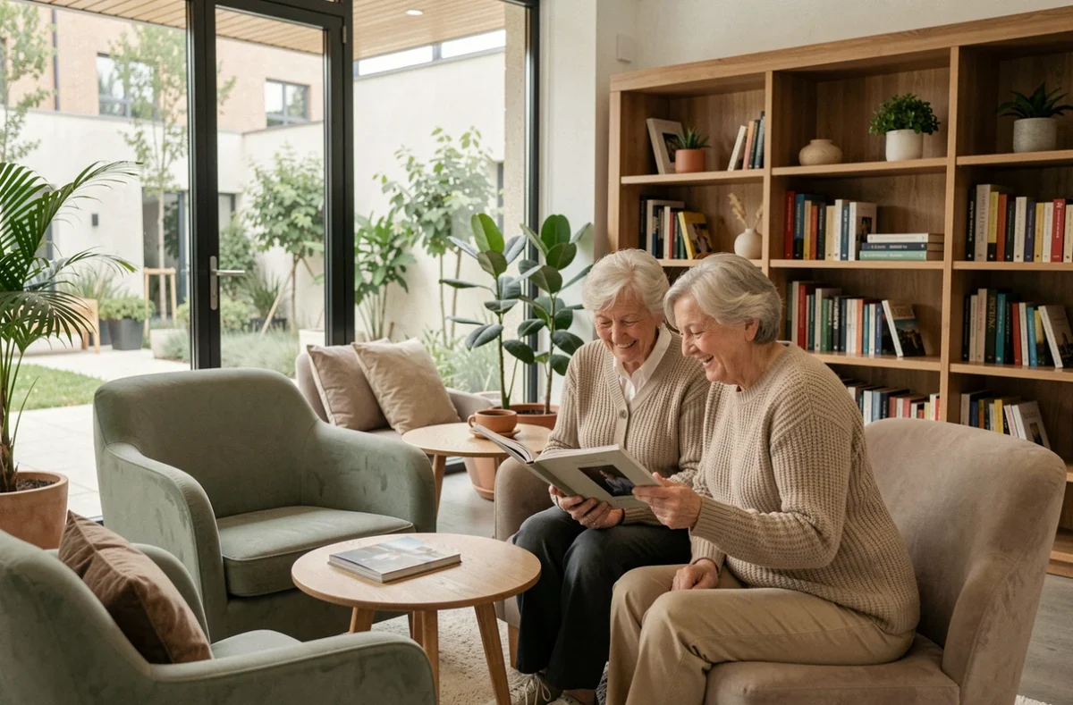 Deux résidentes partageant un moment convivial dans le salon de la Résidence Agora à La Brède