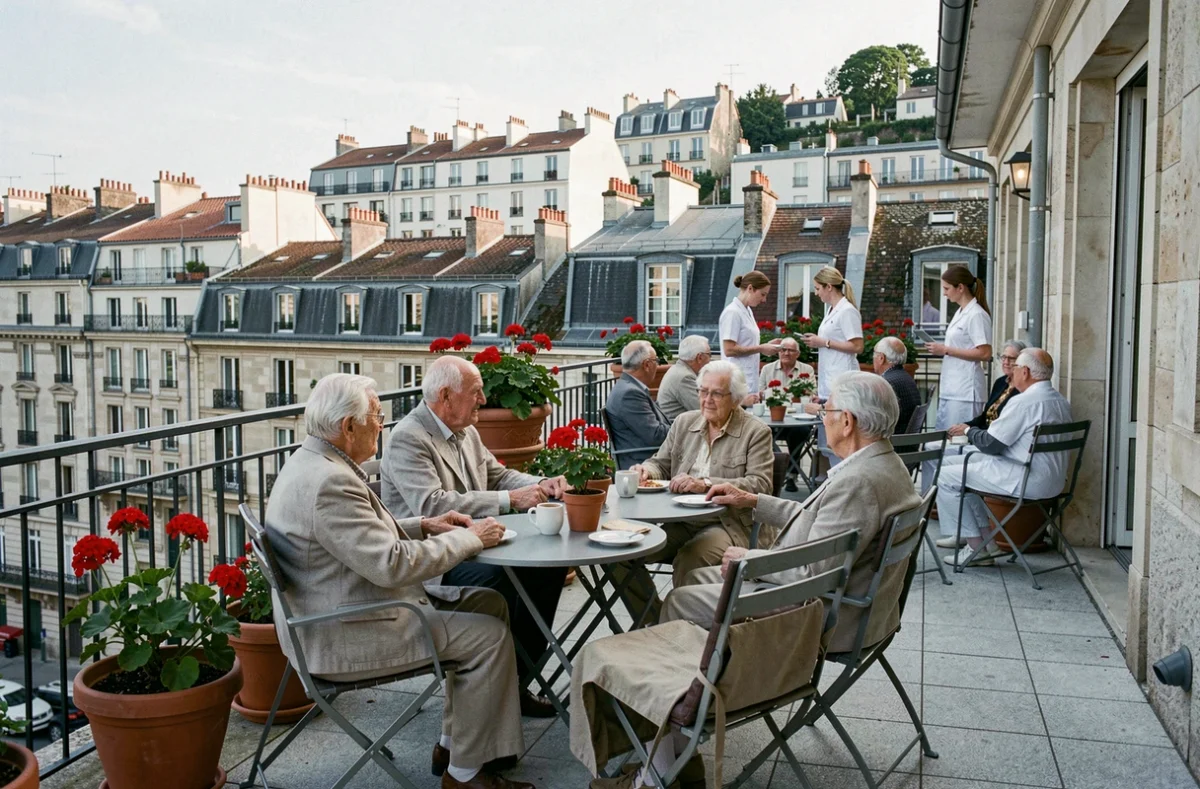Terrasse panoramique de la Résidence Croix Rousse à Lyon avec des résidents et vue sur la colline de la Croix-Rousse