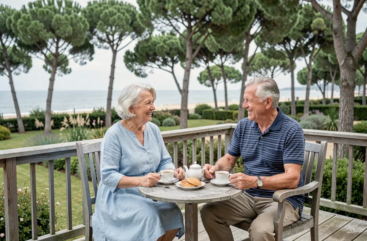 Couple de résidents profitant de la terrasse de la Résidence Nohée Arcachon entourée de pins