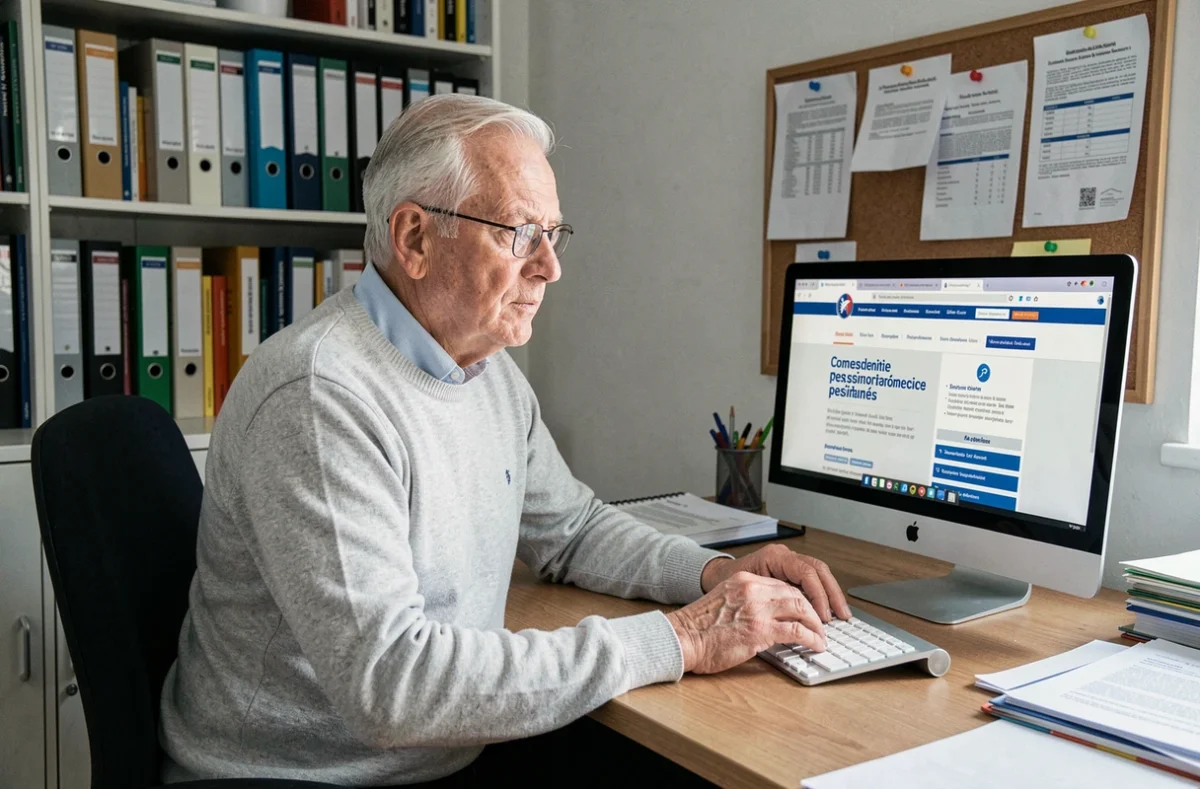 Homme retraité consultant un portail administratif en ligne pour déclarer un changement de situation auprès de sa mutuelle CCUES SG