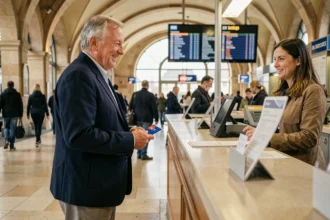 Retraité SNCF présentant son pass Carmillon au guichet d'une gare française