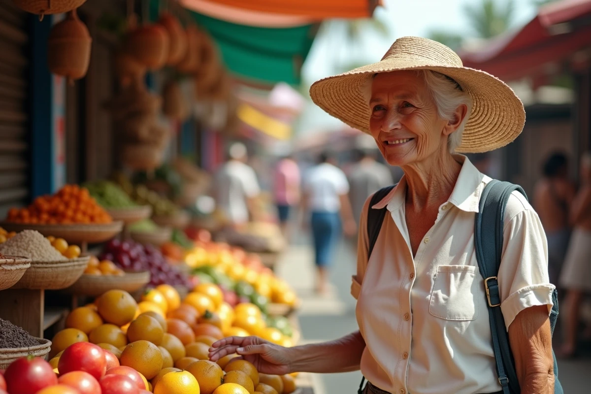 Retraitée expatriée explorant un marché local coloré dans un pays étranger au climat tropical