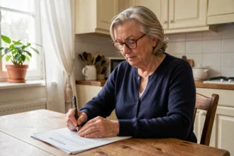 Femme retraitée remplissant un formulaire administratif à sa table de cuisine pour déclarer un changement de situation à la CCUES SG